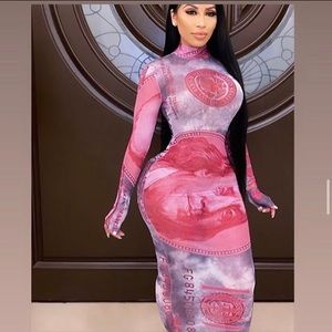 Long Sleeve Money Pringmt Sheer Dress!